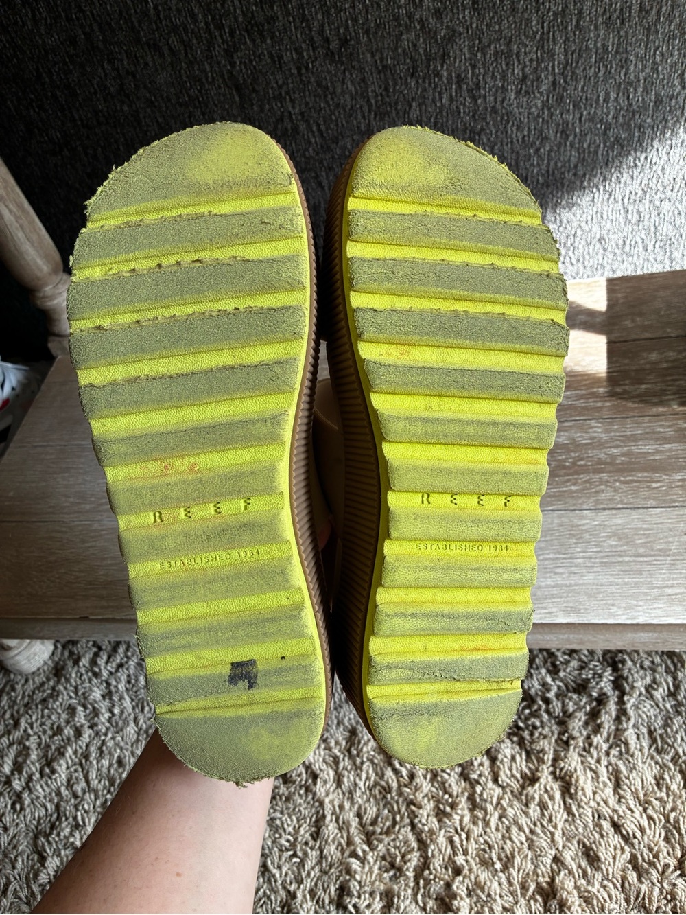 Reef Water Vista Higher Platform Sandals In Tan With Lime Green Accent - Picture 5 of 7
